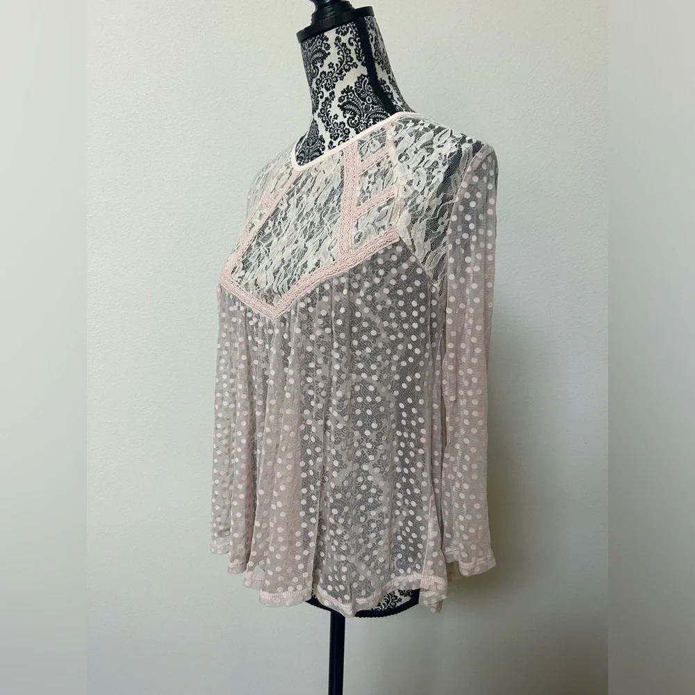 Frenchi Sheer Lace Polka Dot Babydoll Blouse Dusty Pink M - Picture 2 of 7